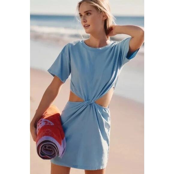 L*Space Lost Winds Mini Tee Shirt Dress Side Cut-Out – Blue – Size Large – NWT - Picture 1 of 8